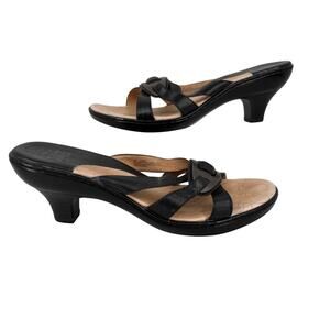 Sofft Heeled Sandals Women's Size 9 Black Leather Slip On Strappy Open Toe